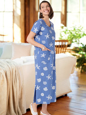 M.MAC Pearly Seashells Cotton Knit Ankle-Length Dress With Pockets, Cornflower picture