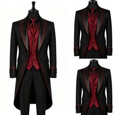 British 3pcs Men's Suit Black &Red Wedding Tuxedo Evening Party Prom Long Coat picture