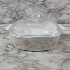 VTG CORNING WARE Peach Floral Pattern A-2-B, 2 L CASSEROLE DISH w/ Pyrex LID picture
