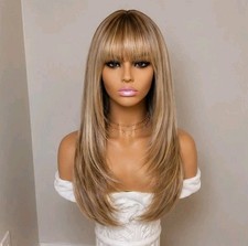 Wig - Human Hair Blend - Long Straight Layered Dirt Blonde Bangs Heat Resistant picture