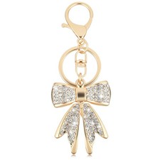 Sparkly Gold Bow Keychain for Backpacks, Pink/Beige Rhinestone Keychains, Bag Ch picture