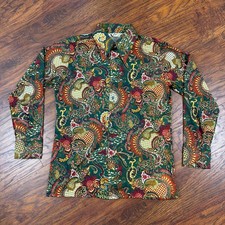 VINTAGE Capri California Shirt Mens L Green Paisley 70s Disco David Langman picture