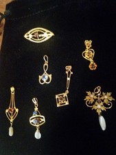 Antique Victorian 10K Gold Sapphire Ruby Amethyst Pearl Lavalier Pendant Lot picture