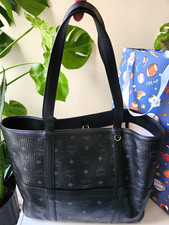 MCM Large Black Monogram Pebbled Tote Bag Zip Inner Pockets Silver Beige picture