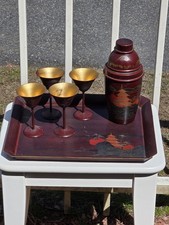 Antique Japanese Maruni Red Lacqured Cocktail Set: Tray, Shaker, Gobblets MCM picture