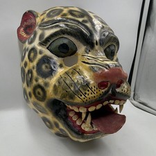 Mexican Folk Art Jaguar Mask Hand Carved Wood Leather Tongue Dance Style 10” picture