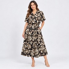 Jones New York Floral Skirt Set Vintage Rayon Button Down Midi Skirt Tan Black picture