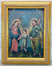Antique Mexican Retablo Holy Family Jesus Mary Joseph c1850 Oil on Tin Folk Art picture