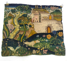 Antique French Hand Stitched Needlework Embroidery Folk Art Wall Hanging picture