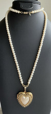 1928 Gold-Tone Faux White Pearl Filigree Heart-Shaped Locket Necklace Vintage picture