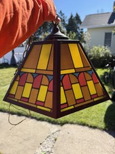 VTG MCM Stained Glass Mission Style Swag Billiards Hanging Light Pendant picture