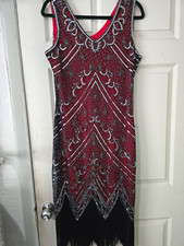 fundaisy Red/Black 1920s V-Neck Sleeveless Beaded Sequin XL With Accessories picture