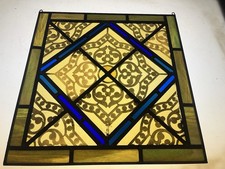 Antique Leaded Stained Glass Window Panel Blue Amber and Green picture