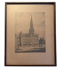 Antique René Van De Sande Etching Brussels Town Hall Grand Place Signed Print picture