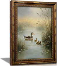 Vintage Gold Framed Duck Wall Art, Pond Ducks Oil Painting Canvas Print, Miniatu picture
