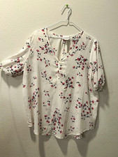 Liz Claiborne Women’s White Floral V-Neck Button Woven Blouse 3/4 Sleeve XL picture