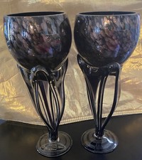 Vintage Josefina   Krosno Black Amethyst Octopus Pedestal Bowls Flawless Pair 2 picture