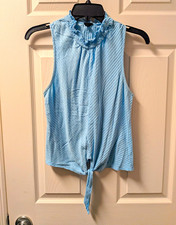 W5 Women's Blouse L Regular Blue Striped Mock Neck Sleeveless Tie Front Ruffle picture