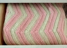 Vintage Hand Crochet Chevron Afghan Blanket Pink White Twin Bed Ripple Throw picture