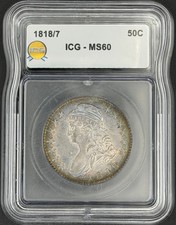 1818/7 OVERDATE CAPPED BUST SILV ER HALF DOLLAR ICG MS60 08XEAB26 picture