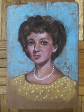 MCM 1940's Portrait Pastel Woman Yellow Dress Pearl Necklace 18 x 12 OOAK 