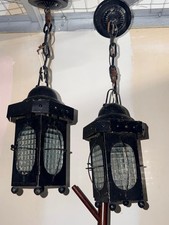 Vintage Pair Black Metal Hanging Lantern Pendant Lights Textured Glass Chain picture