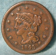 1845 Braided Hair Large Cent Better Grade Details Old US Coin #621 picture