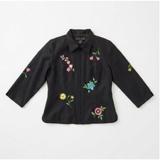 Silkland Womens Size M Black Silk Jacket Floral Embroidered Zip Blouse Top picture