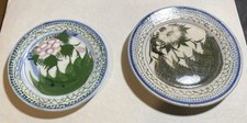 2 Antique Japanese Kutani Ceramic Ware Fish Net Floral Painted Small Plate picture