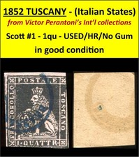 1852 TUSCANY (Italian States)  1 quattrino - Scott #1 - USED - HR - No Gum  /205 picture