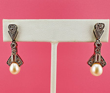 Art Deco Style Earrings Vintage Sterling Silver 925 CZ Pearl Pierced Signed TOVA picture