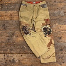Karakuri Tamashii Men Tan Embroidered Fujin Raijin Japanese Denim Jeans 34x28 picture