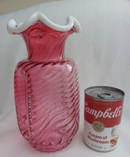 Fenton Art Glass Cranberry Swirl Optic Opalescent Snowcrest Ruffled Vintage 8.5