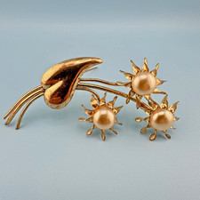 Vintage Flower Brooch Large 3 Sunflowers Gold Tone Glass Faux Pearl Statement 4