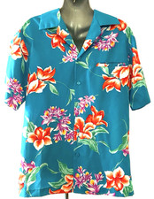 VTG Hilo Hattie Hawaii Aloha Blue Tropical Floral Front Pocket Shirt Size M picture