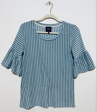 Anthropologie W5 Womens Medium Blue Striped Top Ruffle Sleeves Boho Stretch picture