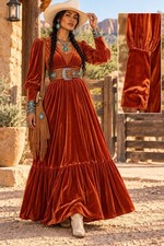 Baltic Born Women’s Brown Velvet Maxi Dress 2XL V-Neck Long Sleeve Ruffle picture