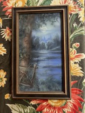 Antique Chalk Pastel Moonlight Riverbank Scene Framed Art picture