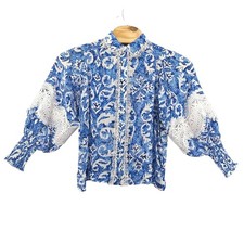 Miss June Paris Blue White Lace Trim Button Down Blouse Size F (S-L) NEW Boho picture