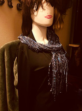 Women’s Gorgeous Blue/Silver Solid Knit Scarf w/ Beaded Sequin Fringe. 60” picture