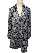 H&M Floral Shift Dress Ruffle Collar Sz 2 Pockets Keyhole Tie Neck Blue/Gray A16 picture