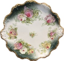 Antique Coronet Limoges France Rose Charger Plate 10.25” Hand PaintedGoldRim1906 picture