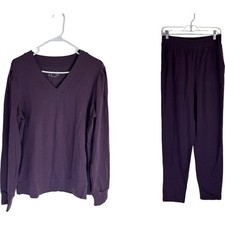 AnyBody Cozy Knit French Terry Top & Pants Set Womens Small Tall Eggplant Purple picture