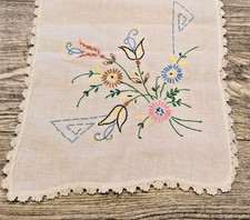Vintage Embroidered Floral Table Runner Crochet Lace Edge Boho colorful Spring picture