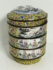 Antique Chinese Canton Cloisonné Enamel Round Stacking Boxes & Cover Yellow picture
