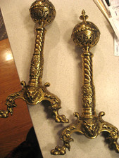 Antique Pair of Victorian Brass Andirons Lion Head & Feet 21.5