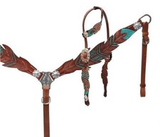 Showman Cut-Out Teal Painted Feather Headstall & Breast Collar Set w/ Reins picture