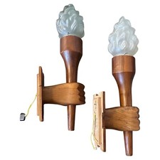 Set Of Two 1940S Art Deco Wood And Glass Italian Wall Sconces picture