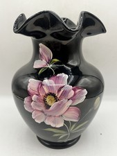 Vtg Fenton Ebony glass vase with hand-painted pink flowers  picture