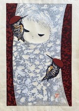 Kaoru Kawano Woodpecker B Tree Girl Japanese Woodblock Print Sosaku Hanga MCM picture